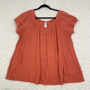 French Twist Waffle Knit Top Rust Orange Button Front Cap Sleeve Womens 2X Plus